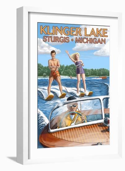 Klinger Lake - Sturgis, Michigan - Water Skiing and Wooden Boat-Lantern Press-Framed Art Print