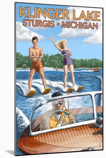 Klinger Lake - Sturgis, Michigan - Water Skiing and Wooden Boat-Lantern Press-Mounted Art Print