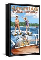 Klinger Lake - Sturgis, Michigan - Water Skiing and Wooden Boat-Lantern Press-Framed Stretched Canvas
