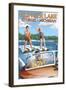 Klinger Lake - Sturgis, Michigan - Water Skiing and Wooden Boat-Lantern Press-Framed Art Print