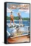 Klinger Lake - Sturgis, Michigan - Water Skiing and Wooden Boat-Lantern Press-Framed Stretched Canvas