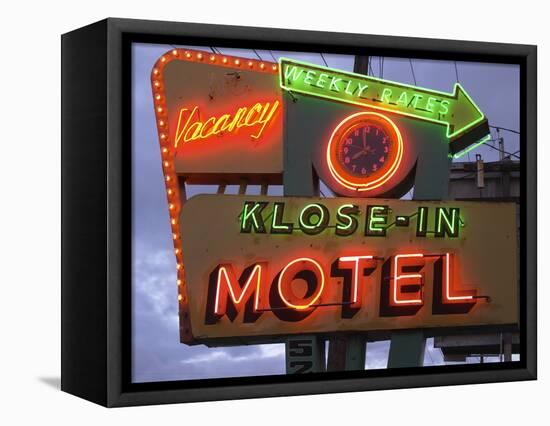 Klose-In Motel Sign Lights as Night Falls, Seattle, Washington, USA-Nancy & Steve Ross-Framed Stretched Canvas