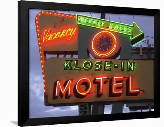 Klose-In Motel Sign Lights as Night Falls, Seattle, Washington, USA-Nancy & Steve Ross-Framed Photographic Print