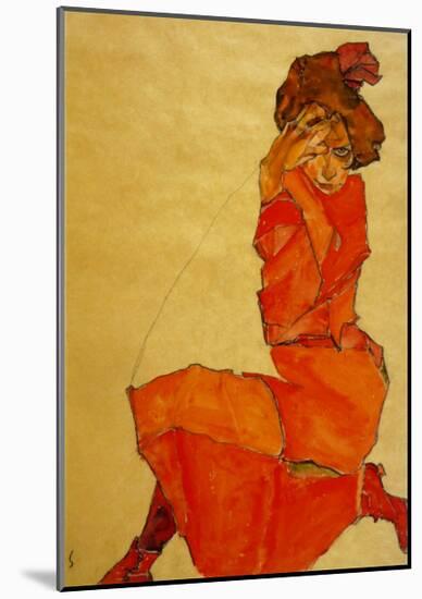 Kneeling Female in Orange Dress, c.1910-Egon Schiele-Mounted Art Print