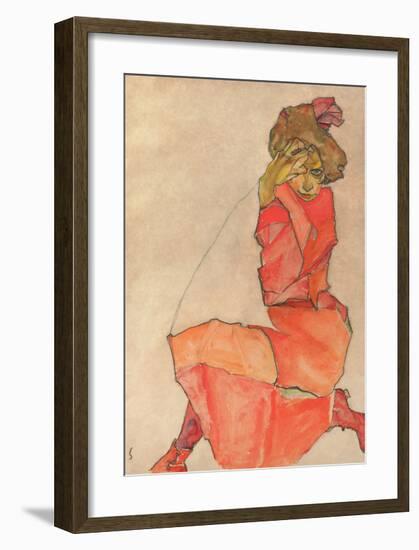 Kneeling Female in Orange-Red Dress, 1910-Egon Schiele-Framed Giclee Print