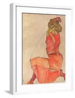 Kneeling Female in Orange-Red Dress, 1910-Egon Schiele-Framed Giclee Print