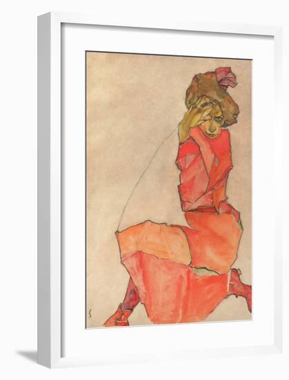 Kneeling Female in Orange-Red Dress, 1910-Egon Schiele-Framed Giclee Print