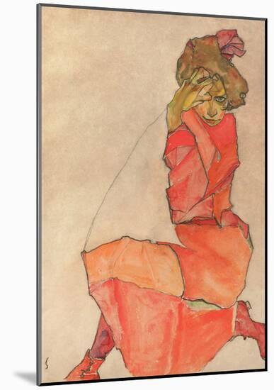 Kneeling Female in Orange-Red Dress, 1910-Egon Schiele-Mounted Giclee Print