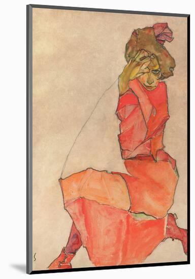 Kneeling Female in Orange-Red Dress, 1910-Egon Schiele-Mounted Art Print