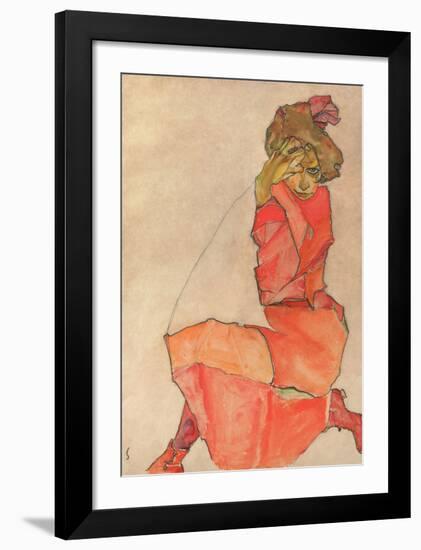 Kneeling Female in Orange-Red Dress, 1910-Egon Schiele-Framed Art Print