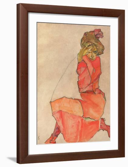 Kneeling Female in Orange-Red Dress, 1910-Egon Schiele-Framed Art Print