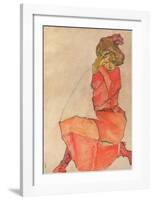 Kneeling Female in Orange-Red Dress, 1910-Egon Schiele-Framed Art Print