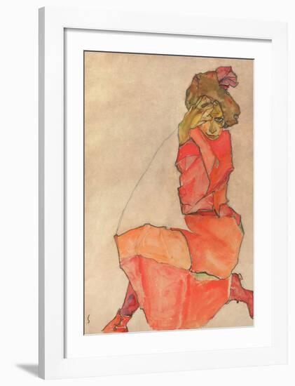 Kneeling Female in Orange-Red Dress, 1910-Egon Schiele-Framed Art Print