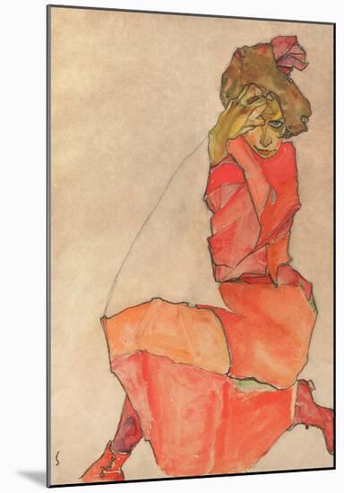 Kneeling Female in Orange-Red Dress, 1910-Egon Schiele-Mounted Art Print