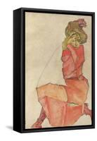 Kneeling Female in Orange-Red Dress, 1910-Egon Schiele-Framed Stretched Canvas