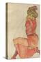 Kneeling Female in Orange-Red Dress, 1910-Egon Schiele-Stretched Canvas