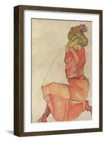 Kneeling Female in Orange-Red Dress, 1910-Egon Schiele-Framed Premium Giclee Print