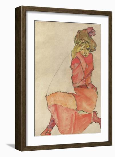 Kneeling Female in Orange-Red Dress, 1910-Egon Schiele-Framed Premium Giclee Print