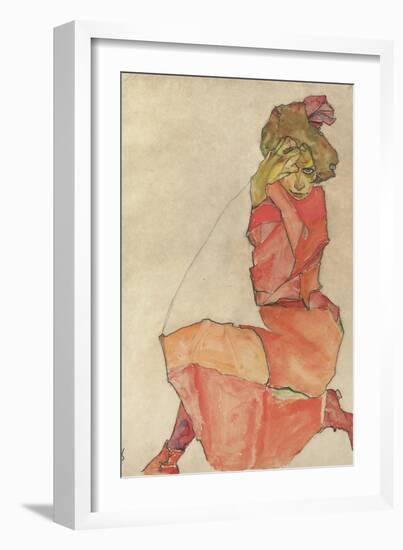 Kneeling Female in Orange-Red Dress, 1910-Egon Schiele-Framed Premium Giclee Print