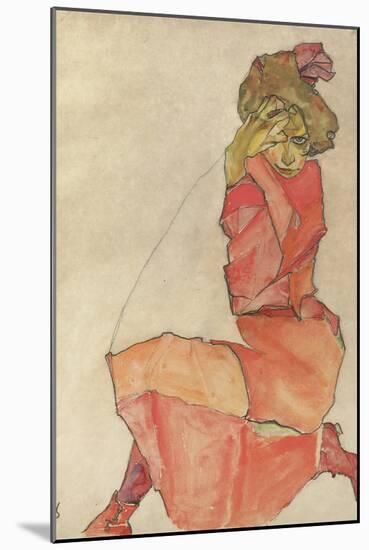 Kneeling Female in Orange-Red Dress, 1910-Egon Schiele-Mounted Premium Giclee Print