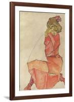 Kneeling Female in Orange-Red Dress, 1910-Egon Schiele-Framed Giclee Print