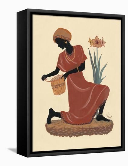 Kneeling Left Weaving Basket - Orange Dress-Judy Mastrangelo-Framed Stretched Canvas