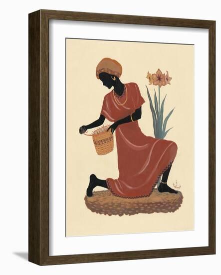 Kneeling Left Weaving Basket - Orange Dress-Judy Mastrangelo-Framed Giclee Print