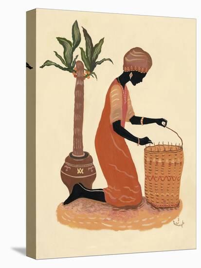 Kneeling Right Weaving Basket - Orange Dress-Judy Mastrangelo-Stretched Canvas