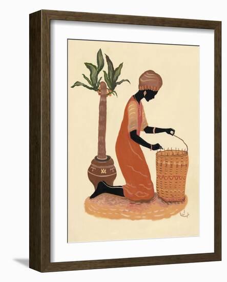 Kneeling Right Weaving Basket - Orange Dress-Judy Mastrangelo-Framed Giclee Print