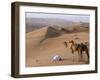 Kneeling to Pray in Desert, Holding Camels by Halters to Prevent Them Wandering Off Amongst Dunes-John Warburton-lee-Framed Photographic Print