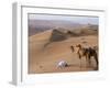 Kneeling to Pray in Desert, Holding Camels by Halters to Prevent Them Wandering Off Amongst Dunes-John Warburton-lee-Framed Photographic Print