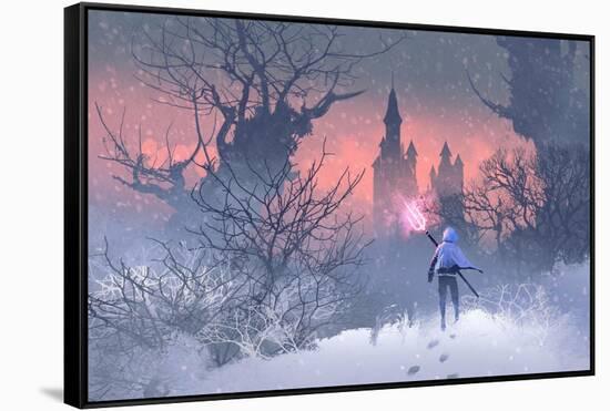 Knight with Trident in Winter Landscape,Illustration Painting-Tithi Luadthong-Framed Stretched Canvas