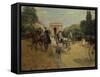 Knights and Carriages on Bois De Boulogne Avenue, with Arc De Triomphe in Background-Georges Stein-Framed Stretched Canvas