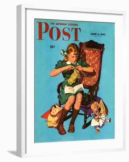 "Knitting for the War Effort," Saturday Evening Post Cover, June 6, 1942-James W. Schucker-Framed Giclee Print