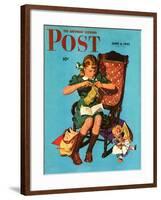 "Knitting for the War Effort," Saturday Evening Post Cover, June 6, 1942-James W. Schucker-Framed Giclee Print