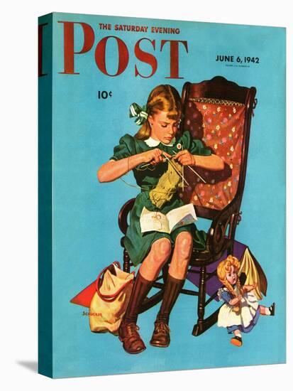 "Knitting for the War Effort," Saturday Evening Post Cover, June 6, 1942-James W. Schucker-Stretched Canvas