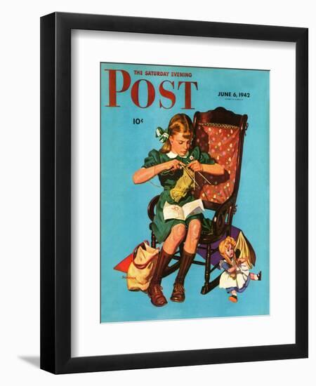 "Knitting for the War Effort," Saturday Evening Post Cover, June 6, 1942-James W. Schucker-Framed Giclee Print