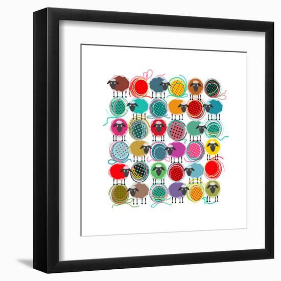 Knitting Yarn Balls and Sheep Abstract Square Composition. Vector EPS 8 Graphic Illustration of Bri-Popmarleo-Framed Art Print