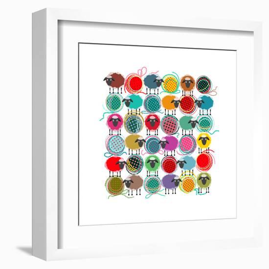 Knitting Yarn Balls and Sheep Abstract Square Composition. Vector EPS 8 Graphic Illustration of Bri-Popmarleo-Framed Art Print