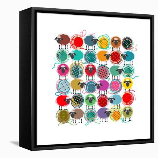 Knitting Yarn Balls and Sheep Abstract Square Composition. Vector EPS 8 Graphic Illustration of Bri-Popmarleo-Framed Stretched Canvas