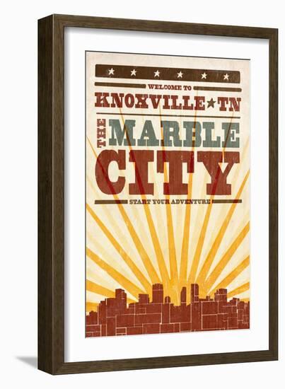 Knoxville, Tennessee - Skyline and Sunburst Screenprint Style-Lantern Press-Framed Art Print