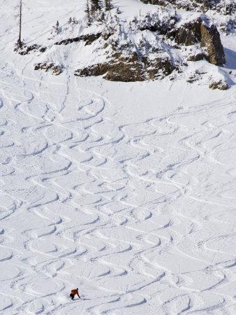 Skiers Making Early Tracks after Fresh Snow Fall at Alta Ski Resort, Salt Lake City, Utah, USA
