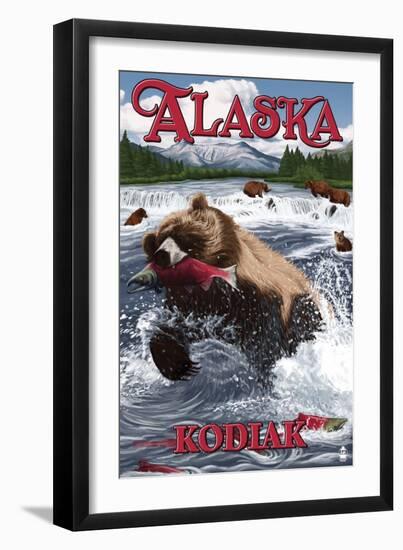 Kodiak, Alaska - Grizzly Bear Fishing-Lantern Press-Framed Art Print