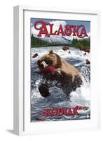 Kodiak, Alaska - Grizzly Bear Fishing-Lantern Press-Framed Art Print