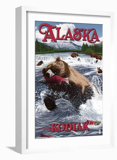 Kodiak, Alaska - Grizzly Bear Fishing-Lantern Press-Framed Art Print