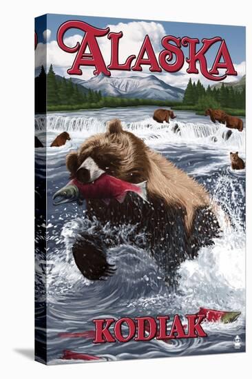 Kodiak, Alaska - Grizzly Bear Fishing-Lantern Press-Stretched Canvas