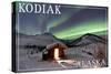 Kodiak, Alaska - Northern Lights and Cabin-Lantern Press-Stretched Canvas
