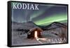 Kodiak, Alaska - Northern Lights and Cabin-Lantern Press-Framed Stretched Canvas