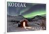 Kodiak, Alaska - Northern Lights and Cabin-Lantern Press-Framed Art Print