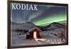 Kodiak, Alaska - Northern Lights and Cabin-Lantern Press-Framed Art Print